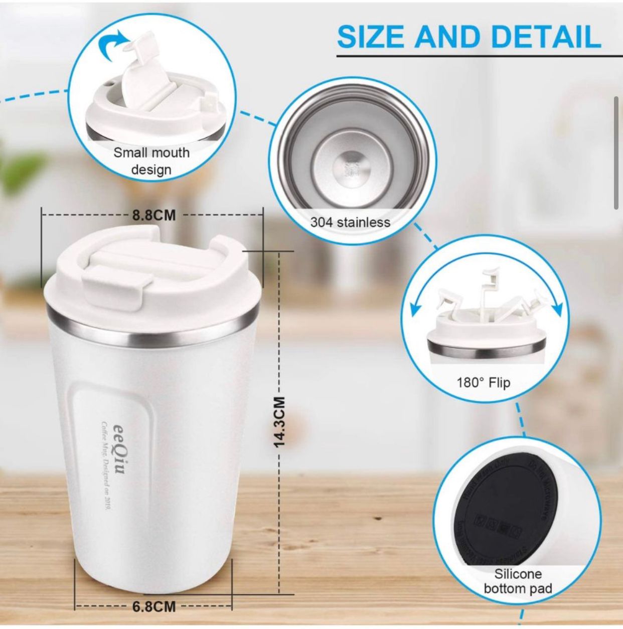 Eacam 380mL Stainless Steel Insulated Coffee Mug - Leakproof & Thermal for Travel, Hiking, Camping